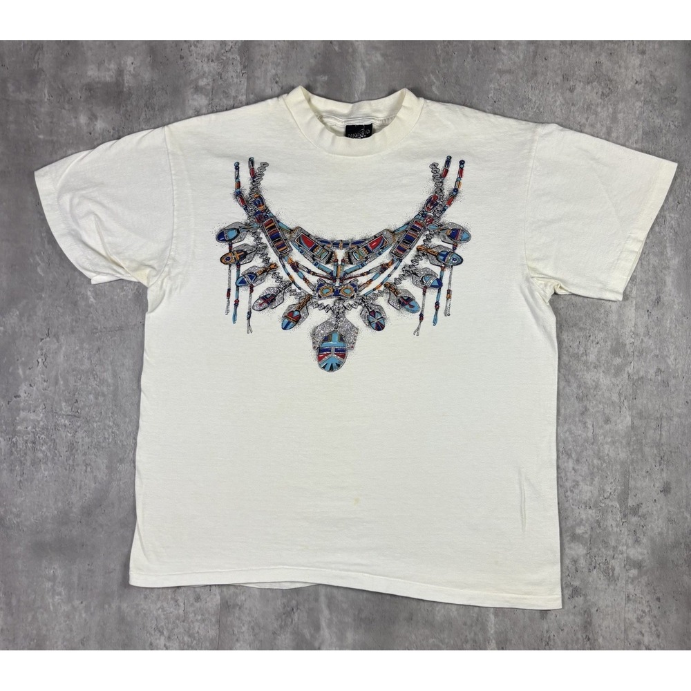 Vintage 90s Diamond Dust Glitter Native Nature T Shirt Mens Large White